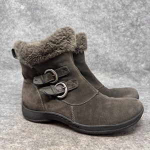 BareTraps Harleen Snow Boots Women 7.5M Gray Suede Fur Trim Buckle Winter Shoes